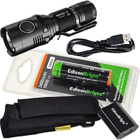 Nitecore MH20 CREE LED 1000 Lumen USB Rechargeable super compact Flashlight, EdisonBright 3400mAh 18650 rechargeable Li-ion battery, USB charging cable, Holster and EdisonBright USB charger bundle