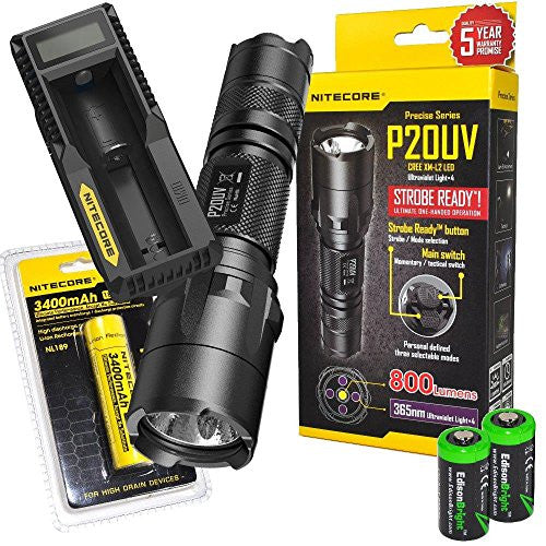 Nitecore P20UV 800 lumen Tactical Duty LED Flashlight with Built-in UV Black Light, Nitecore UM10 battery charger, Nitecore NL189 3400mAh rechargeable 18650 Battery and 2 X EdisonBright CR123A Lithium Batteries Bundle