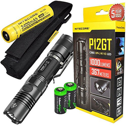 Bundle: NITECORE P12GT 1000 Lumen CREE LED 350 yards long throw tactical flashlight with Nitecore NL189 3400mAh rechargeable 18650 Battery and 2 X EdisonBright CR123A Lithium Batteries