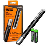 Fenix LD05 V2.0 100 lumen neutral white/UV pen-type LED flashlight bundle with 2 x AAA EdisonBright batteries