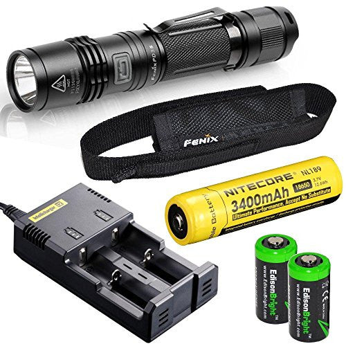 Fenix PD35 960 Lumen 2014 Edition CREE XM-L2 U2 LED Tactical Flashlight with Nitecore NL189 18650 3400mAh Li-ion rechargeable battery, Nitecore i2 2014 version intelligent Charger and 2 X EdisonBright CR123A Lithium batteries package