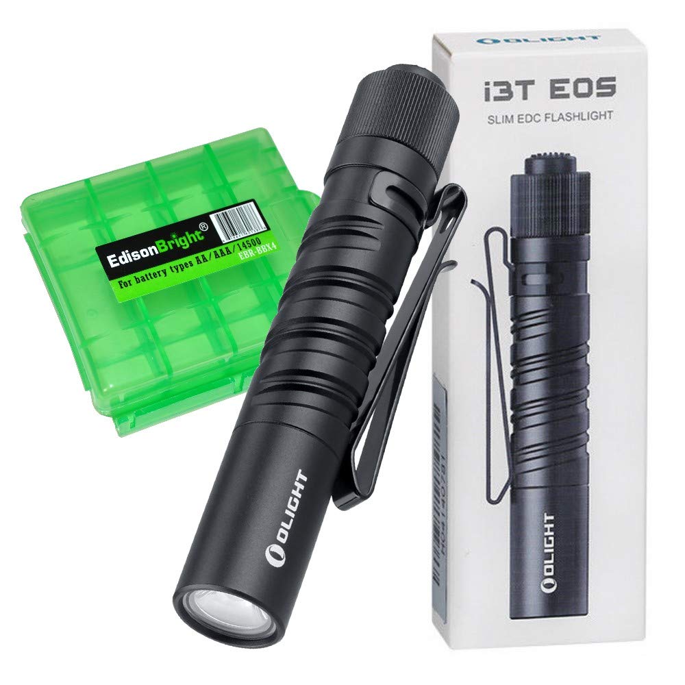 Olight I3T EOS 180 Lumens EDC flashlight with EdisonBright AAA battery carry case