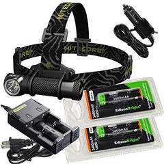 Nitecore HC30 1000 Lumens CREE LED headlamp with 2 X EdisonBright EBR34 18650 3400mAh Li-ion rechargeable batteries,Nitecore i2 intelligent Charger, Car Charging Cable bundle