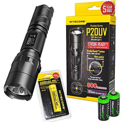 Nitecore P20UV 800 lumen Tactical Duty LED Flashlight with Built-in UV Black Light, Nitecore NL189 3400mAh rechargeable 18650 Battery and 2 X EdisonBright CR123A Lithium Batteries Bundle