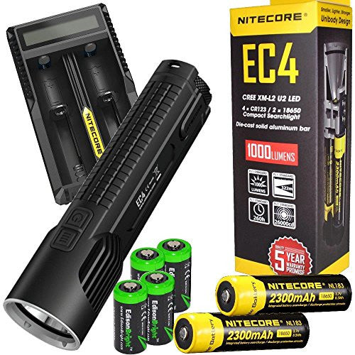 NITECORE EC4 1000 Lumen high intensity CREE XM-L2 LED tactical die-cast flashlight 2 X Genuine Nitecore NL183 18650 Li-ion rechargeable batteries, Nitecore UM20 USB powered Charger and four EdisonBright CR123A Lithium Batteries