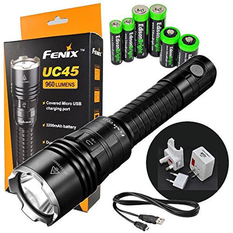 FENIX UC45 USB Rechargeable 960 Lumen Cree XM-L2 U2 LED Flashlight / Searchlight with Universal/global plug USB charger & EdisonBright Battery Sampler Pack
