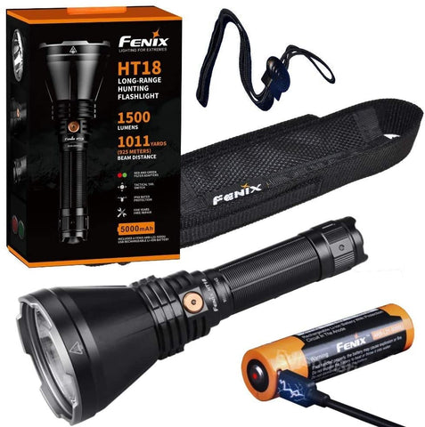 Fenix HT18 1500 Lumen high powered long throw beam LED flashlight, red/green filters, rechargeable battery with EdisonBright brand battery carry case bundle