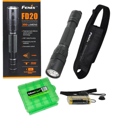 Fenix tactical Flashlight FD20 350 Lumen CREE LED adjustable focus (zoom-able) with holster, lanyard, clip and EdisonBright battery case bundle