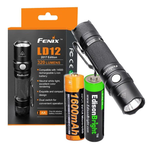 Fenix LD12 320 Lumen LED Tactical Flashlight USB rechargeable kit with EdisonBright AA battery