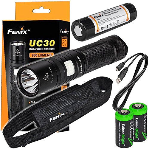 FENIX UC30 USB Rechargeable 960 Lumen Cree XM-L2 U2 multi battery type compatible LED Flashlight with, 2600mAh rechargeable battery, USB charging cable and 2 X EdisonBright lithium CR123A back-up batteries bundle