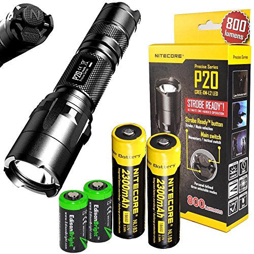 NITECORE P20 800 Lumen high intensity CREE XM-L2 LED specialized tactical duty Strobe Ready flashlight with 2 X Nitecore NL183 rechargeable 18650 Batteries and 2 X EdisonBright CR123A Lithium Batteries Bundle