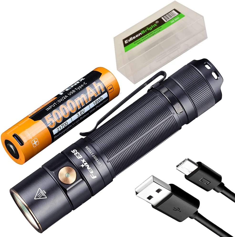 Fenix E35 V3.0 3000 Lumen USB-C Rechargeable LED Flashlight with 5000mAh Battery and EdisonBright Battery Carrying case Bundle