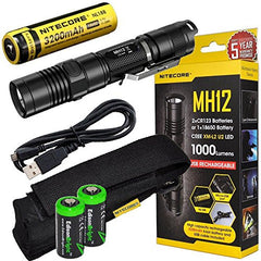 Nitecore MH12 CREE XM-L2 U2 LED 1000 Lumen USB Rechargeable Flashlight, 18650 rechargeable Li-ion battery, USB charging cable and Holster with 2 X EdisonBright CR123A lithium Batteries bundle