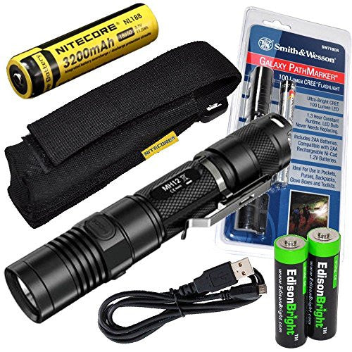 Nitecore MH12 CREE XM-L2 U2 LED 1000 Lumen USB Rechargeable Flashlight, Smith & Wesson PathMarker LED Flashlight, 18650 rechargeable Li-ion battery, USB charging cable and Holster with 2 X EdisonBright AA Alkaline batteries bundle