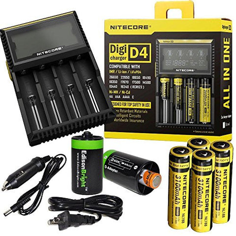 Nitecore D4 Digicharge universal home/in-car battery charger, Four Nitecore 18650 NL188 3100mAH rechargeable batteries with 2 X EdisonBright AA to D type battery spacer/converters