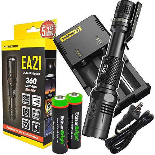 Nitecore EA21 360 Lumen CREE XP-G2 LED compact AA flashlight with Nitecore i2 smart charger, holster, clip, lanyard and 2 X EdisonBright AA Ni-Mh batteries