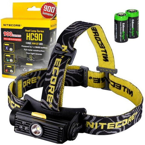 Nitecore HC90 900 Lumens CREE XM-L2 LED USB rechargeable headlamp with secondary RGB LEDs bundled with Two EdisonBright CR123A Lithium Batteries.