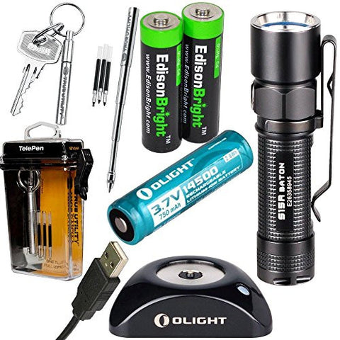 Olight S15R Baton rechargeable XM-L 280 Lumens LED Flashlight EDC with True Utility TU246 TelePen, type 14500 Li-ion battery, charging base and two EdisonBright AA alkaline back-up Batteries