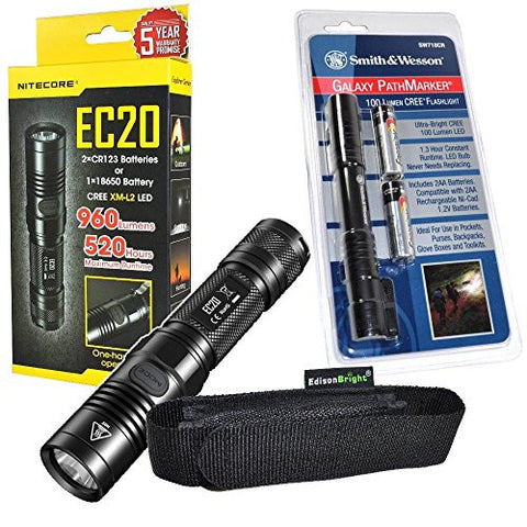Nitecore EC20 960 Lumen CREE XM-L2 T6 LED Flashlight & Smith & Wesson PathMarker LED Flashlight with high quality EdisonBright holster