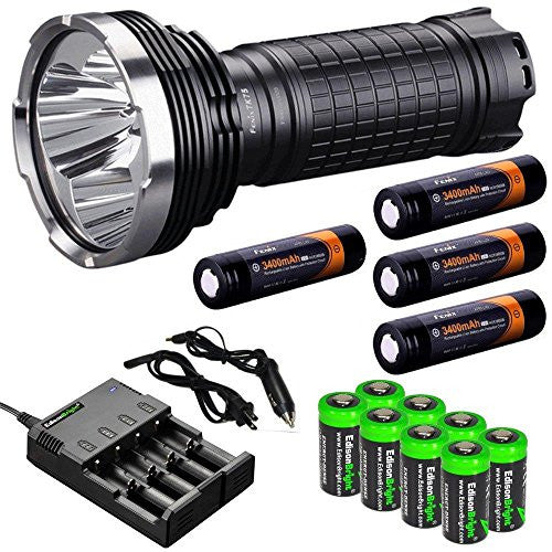 FENIX TK75 4000 Lumen 2015 Edition Triple CREE XM-L2 U2 LED Flashlight with Four Fenix 18650 ARB-L2S 3400mAh rechargeable batteries, four bays Li-ion/ Ni-MH universal smart battery charger with eight EdisonBright CR123A lithium batteries bundle