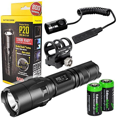 NITECORE P20 800 Lumen high intensity CREE XM-L2 LED specialized tactical duty Strobe Ready flashlight, RSW2 Pressure Switch and GM02 Weapon Mount with 2X EdisonBright CR123A Lithium Batteries bundle