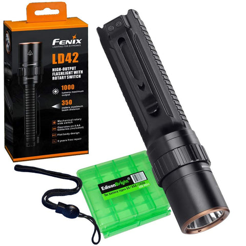 Fenix LD42 AA battery powered 1000 lumen rotary power control LED flashlight with EdisonBright BBX4 battery carry case bundle