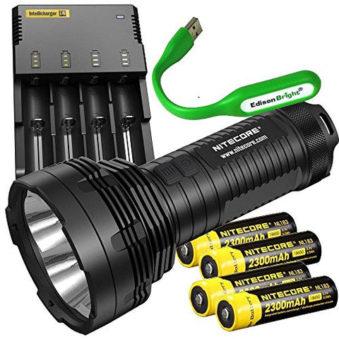 Nitecore TM16GT 3600 Lumen CREE LED long range Flashlight/Searchlight, i4 charger, 4 X Nitecore NL183 18650 Li- ion batteries, USB powered EdisonBright reading light bundle