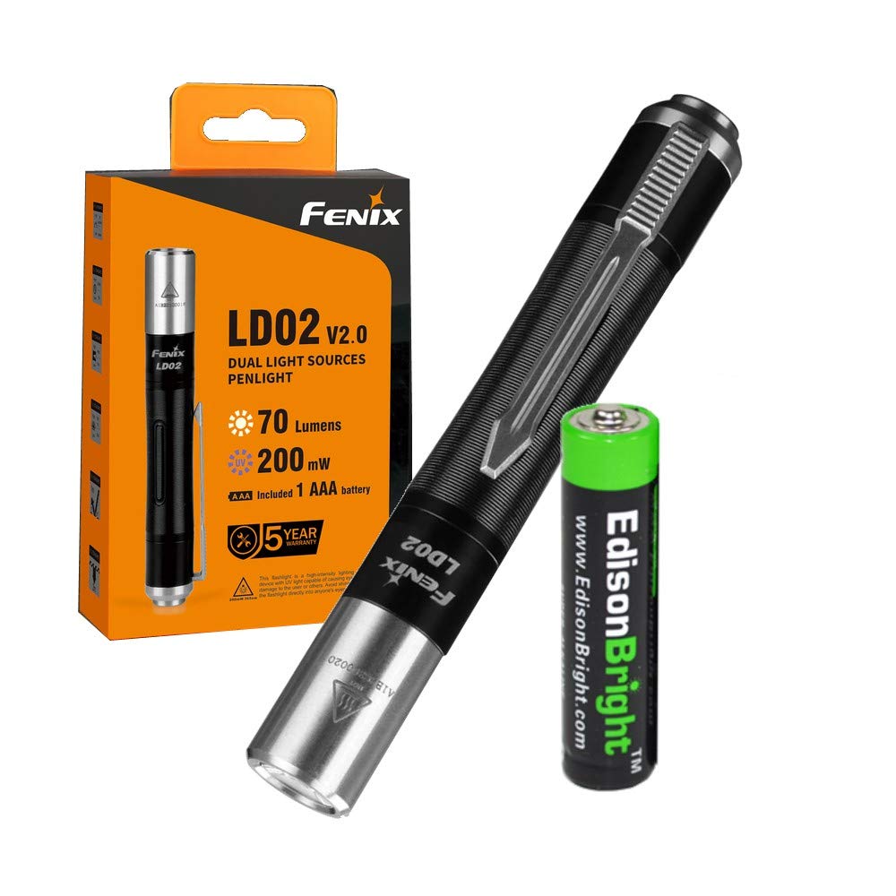 Fenix LD02 V2.0 70 lumen neutral white/UV pen-type LED flashlight bundle with AAA EdisonBright battery