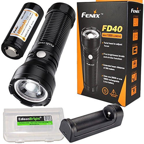 Fenix FD40 1000 Lumen CREE LED variable beam Flashlight with ARB-L4-4800 26650 battery, ARE-X1 Charger and EdisonBright brand battery carry case
