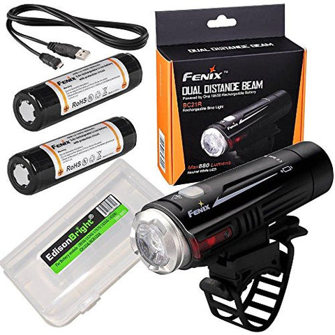 Fenix BC21R 880 lumen Cree LED USB rechargeable Bike Bicycle Light, 2 X rechargeable 18650 batteries with EdisonBright BBX3 battery carry case bundle