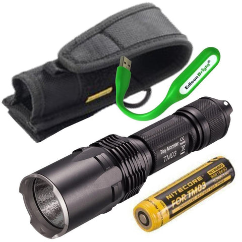 EdisonBright Nitecore TM03 2800 Lumen CREE LED Tiny Monster Flashlight/Searchlight, 18650 rechargeabe battery with USB reading light bundle