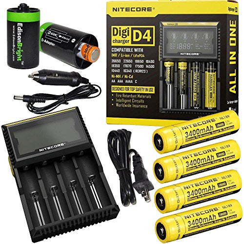 Nitecore D4 Digicharge universal home/in-car battery charger, Four Nitecore 18650 NL189 3400mAH rechargeable batteries with 2 X EdisonBright AA to D type battery spacer/converters