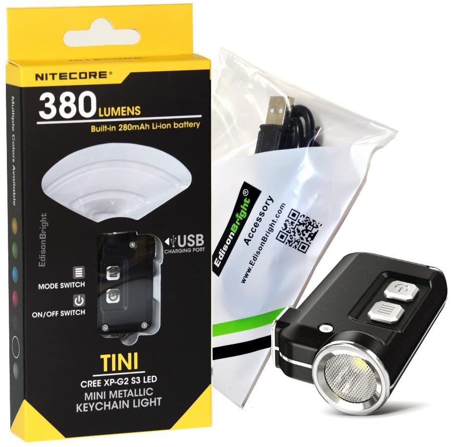 Nitecore TINI 380 lumen USB rechargeable LED keychain light with EdisonBright brand USB charging cable