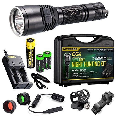 Nitecore Chameleon CG6 440 Lumens white / Greend Dual Beam LED Flashlight Night Hunting Kit w/i2 smart charger, 18650 rechargeable battery, Red filter, GM02 weapon rail mount, Green filter, 2X EdisonBright CR123A lithium Batteries and Holster