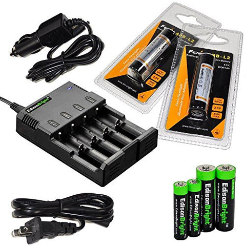 EdisonBright four Bays universal smart home/in-car battery charger, Two Fenix 18650 ARB-L2 2600mAh rechargeable batteries (For PD35 PD32 TK22 TK75 TK11 TK15 TK35) with EdisonBright Batteries sampler pack