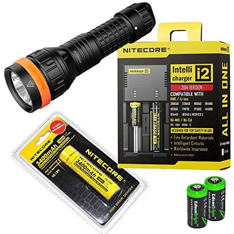 Fenix SD10 930 Lumen CREE XM-L2 T6 LED Diving Flashlight with Nitecore NL189 18650 3400mAh Li-ion rechargeable battery, Nitecore i2 2014 version intelligent Charger and 2 X EdisonBright CR123A Lithium batteries package