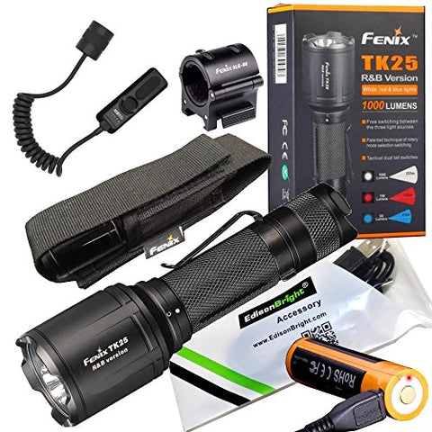 EdisonBright Fenix TK25 R & B 1000 Lumens white w/Red & Blue LED hunting Flashlight rechargeable weapon mount kit with USB charging cable