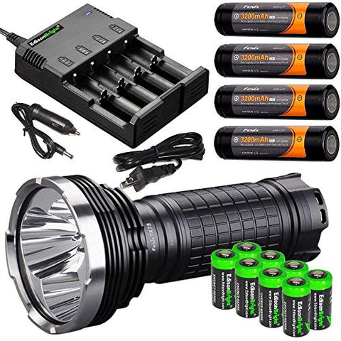 FENIX TK75 2015 Edition 4000 Lumen quad CREE XM-L2 U2 LED Flashlight with Four Fenix ARB-L2P 18650 Batteries, 4 port home/car smart battery charger and eight EdisonBright CR123A lithium batteries bundle