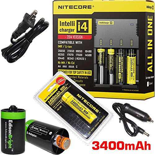 Nitecore Sysmax I4 Intellicharge i4 version 2, Four Bays universal home/in-car battery charger, Nitecore 18650 NL189 3400mAH rechargeable battery with Smith & Wesson Carabeamer LED Clip Light