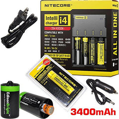 Nitecore Sysmax I4 Intellicharge i4 version 2, Four Bays universal home/in-car battery charger, Nitecore 18650 NL189 3400mAH rechargeable battery with Smith & Wesson Carabeamer LED Clip Light