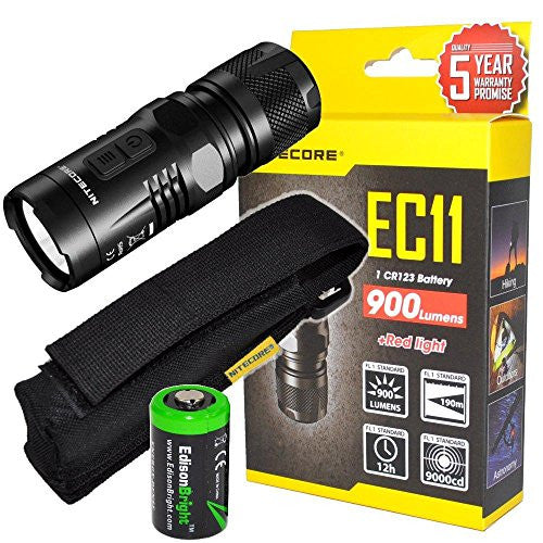 Nitecore EC11 Cree XM-L2 U2 LED Flashlight Max 900 Lumens, Red secondary mode with, Holster, clip, lanyard & EdisonBright CR123A lithium battery bundle