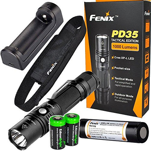 Fenix PD35 2015 TAC Edition 1000 Lumen CREE XP-L LED Tactical Flashlight with Fenix ARB-L2M 18650 Li-ion rechargeable battery, Fenix ARE-X1 charger and 2 X EdisonBright CR123A lithium batteries bundle