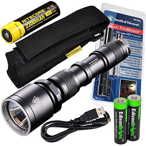 Nitecore MH25 CREE XM-L U2 LED 960 Lumen USB Rechargeable Flashlight, Smith & Wesson PathMarker LED Flashlight, 18650 rechargeable Li-ion battery, USB charging cable and Holster with 2 X EdisonBright AA Alkaline batteries bundle