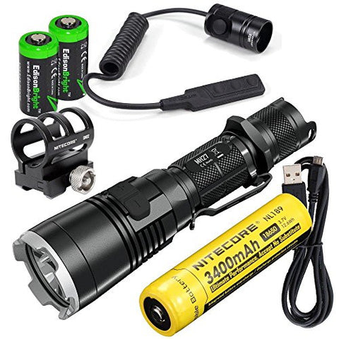 Nitecore MH27 1000 Lumens CREE LED USB rechargeable multi-color Flashlight, 18650 battery, Holster, RSW1 Pressure Switch and GM02 Weapon Mount with 2X EdisonBright CR123A Lithium Batteries bundle