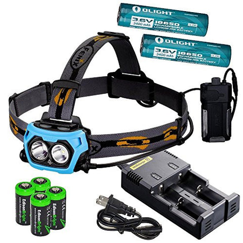 Fenix HP40F 450 Lumen LED fishing Headlamp with Nitecore I2 smart battery charger, 2 X olight 3400mAh 18650 typerechargeable batteries and Four EdisonBright CR123A Lithium batteries bundle