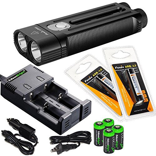 FENIX LD50 1800 Lumen Dual CREE XM-L2 LED slim Flashlight with 2 x Fenix ARB-L2 2600mAh 18650 Li- ion rechargeable batteries, 4 X EdisonBright CR123A Lithium batteries, 2 bay smart battery charger, in-car Charger adapter bundle