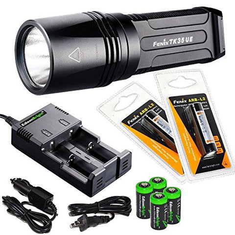 FENIX TK35 Ultimate Edition 2015 (TK35UE) 2000 Lumen LED Tactical LED Flashlight with 2 x Fenix ARB-L2 2600mAh 18650 Li-ion rechargeable batteries, 4 X EdisonBright CR123A Lithium batteries, battery charger, in-car Charger, Holster & Lanyard bundle