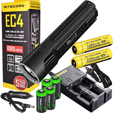 Nitecore EC4 1000 Lumen LED tactical flashlight 2 X NL189 18650 Li-ion rechargeable batteries, i2 intelligent Charger, in-Car Charging Cable and four EdisonBright CR123A Lithium Batteries