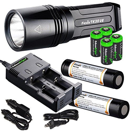 FENIX TK35 Ultimate Edition (2015) 2000 Lumen LED Tactical Flashlight with 2 X Fenix ARB-L2M 18650 Li-ion rechargeable batteries, 4 X EdisonBright CR123A Lithium batteries, smart in-car Charger adapter, Holster & Lanyard complete bundle