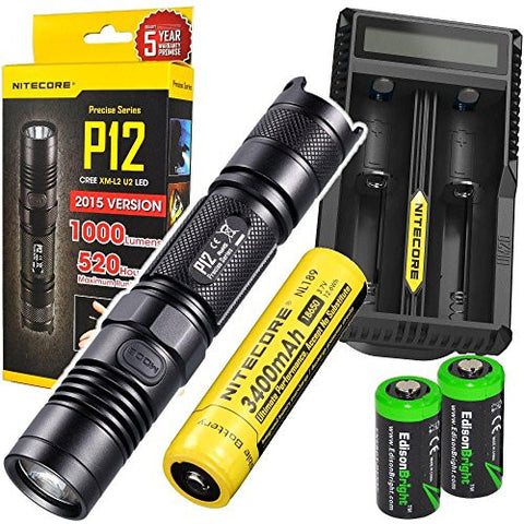 NITECORE P12 2015 1000 Lumen high intensity CREE XM-L2 LED long throw tactical flashlight with Nitecopre UM20 USB charger, Nitecore NL189 3400mAh rechargeable 18650 Battery and 2 X EdisonBright CR123A Lithium Batteries Bundle